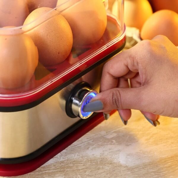 Crimson Edge Instant Electric Egg Boiler with 6 Egg Poachers|3 Boiling Modes, Soft, Medium, Hard| Auto Shut Off | Non-stick Egg Rack, Transparent Lid, Stainless Steel Body & Heating Plate, Steamer Rack| Alarm| Overheat Protection | Red| 2 Year Warranty - Image 3