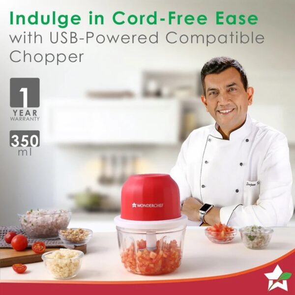 Wonderchef Zippy Rechargeable Wireless Electric Chopper, Stainless Steel Blades, One Touch Operation | Cordless 10 Seconds Chopping And Mincing Vegetables, Meat, etc | 30 Watts |1 Year Warranty - Image 4