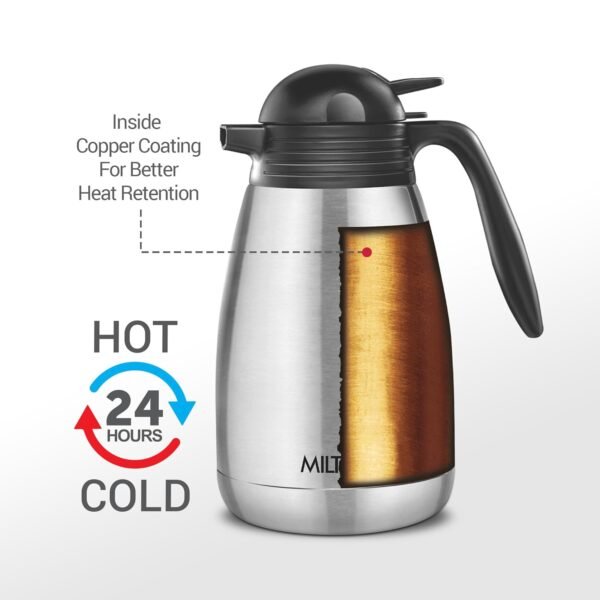 Milton Carafe 1500 Stainless Steel Double Walled Vacuum Insulated Flask with Lid and Handle | 1500 mL | Hot & Cold Retention | Leak Proof, Rust Free, Easy to Carry| Colour Steel - Image 4