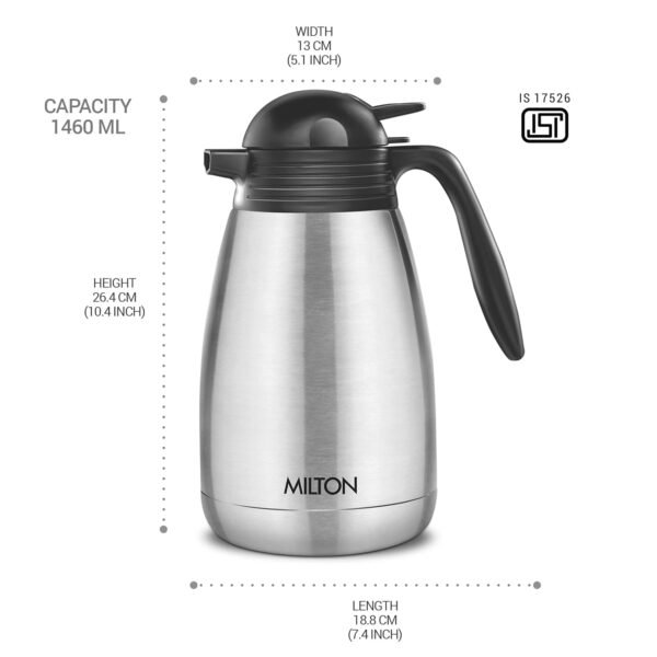 Milton Carafe 1500 Stainless Steel Double Walled Vacuum Insulated Flask with Lid and Handle | 1500 mL | Hot & Cold Retention | Leak Proof, Rust Free, Easy to Carry| Colour Steel - Image 3