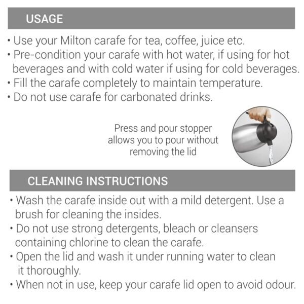 Milton Carafe 1500 Stainless Steel Double Walled Vacuum Insulated Flask with Lid and Handle | 1500 mL | Hot & Cold Retention | Leak Proof, Rust Free, Easy to Carry| Colour Steel - Image 6