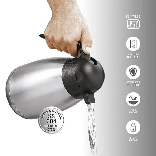 Milton Carafe 1500 Stainless Steel Double Walled Vacuum Insulated Flask with Lid and Handle | 1500 mL | Hot & Cold Retention | Leak Proof, Rust Free, Easy to Carry| Colour Steel - Image 5