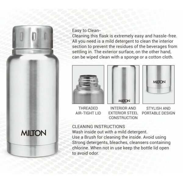 Milton 160 Thermosteel Water Bottle 160 mL | Stainless Steel | 24 Hr Hot and Cold I Leak Proof Lid | ISI Certified I Vacuum Insulated I For Office, Gym, School I Colour Silver - Image 3