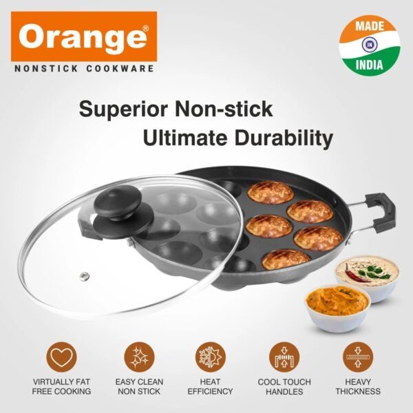 Orange Aluminium Die-Cast Series 12 Cavity Grill Appam Patra | Paniyarakkal | Appe Patra with Glass Lid