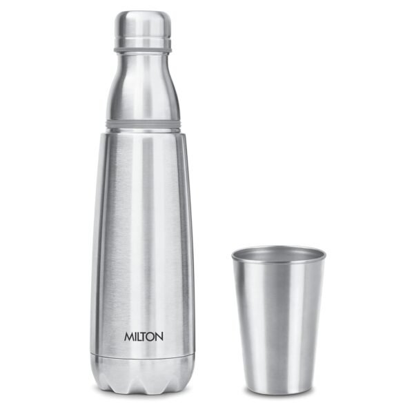 Milton Vertex Steel 1000 Thermosteel Hot or Cold Water Bottle with Stainless Steel Tumbler | 1 Litre | With SS Glass Attachment |Colour Silver - Image 3