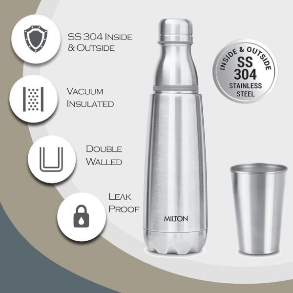 Milton Vertex Steel 1000 Thermosteel Hot or Cold Water Bottle with Stainless Steel Tumbler | 1 Litre | With SS Glass Attachment |Colour Silver - Image 6