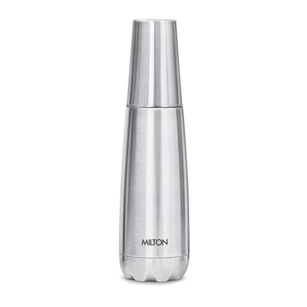 Milton Vertex Steel 1000 Thermosteel Hot or Cold Water Bottle with Stainless Steel Tumbler | 1 Litre | With SS Glass Attachment |Colour Silver