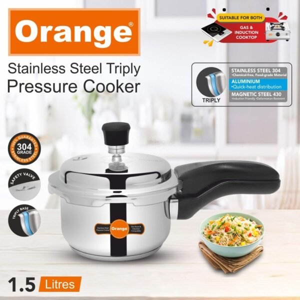 Orange Viva Series Triply Stainless Steel Outer Lid Pressure Cooker 1.5L | Induction Friendly | Heavy Bottom | 2.5mm Base Thickness | 5 Year Warranty | Serves 1-2 People - Image 2