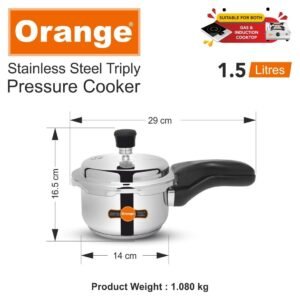 Orange Viva Series Triply Stainless Steel Outer Lid Pressure Cooker 1.5L | Induction Friendly | Heavy Bottom | 2.5mm Base Thickness | 5 Year Warranty | Serves 1-2 People