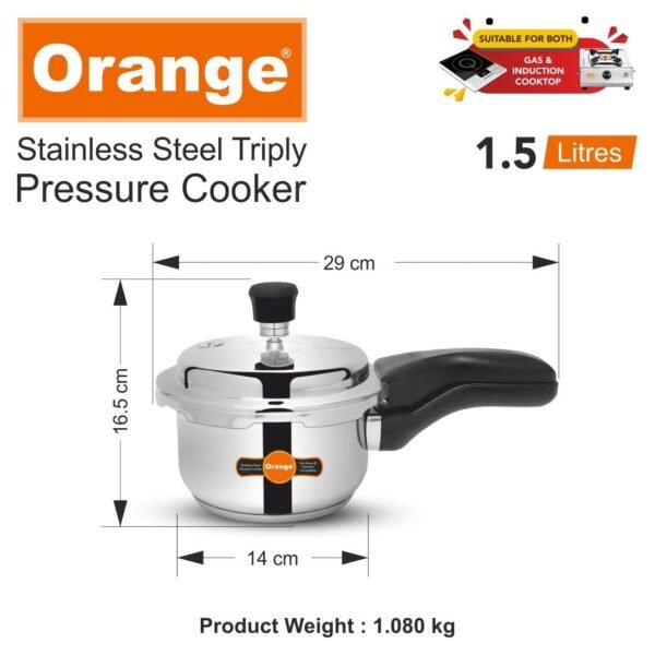 Orange Viva Series Triply Stainless Steel Outer Lid Pressure Cooker 1.5L | Induction Friendly | Heavy Bottom | 2.5mm Base Thickness | 5 Year Warranty | Serves 1-2 People