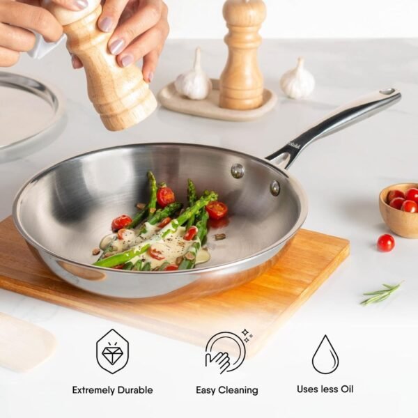 Stahl Artisan Triply Stainless Steel Frypan with Lid 24cm, 1.8L | Gas & Induction Cooktop Compatible | Cook & Serve Frypan | Serves 6-7 People - Image 2