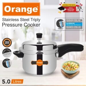 Orange Triply Stainless Steel Outer Lid Pressure Cooker 5L | Induction Friendly | Heavy Bottom | 2.5mm Base Thickness | 5 Year Warranty | Serves 5-6 People