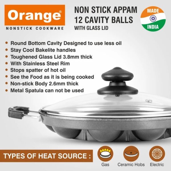 Orange Aluminium Die-Cast Series 12 Cavity Grill Appam Patra | Paniyarakkal | Appe Patra with Glass Lid - Image 2