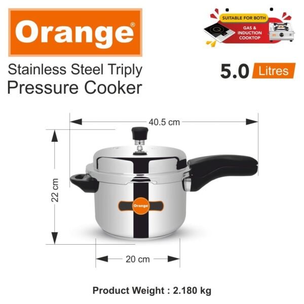 Orange Triply Stainless Steel Outer Lid Pressure Cooker 5L & 3.5L | Combo / Combi Set | Induction Friendly | Heavy Bottom | 2.5mm Base Thickness | 5 Year Warranty | With Glass Lid | Serves 2-6 People - Image 2