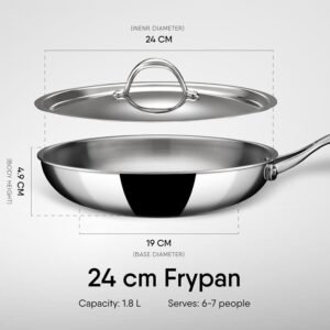 Stahl Artisan Triply Stainless Steel Frypan with Lid 24cm, 1.8L | Gas & Induction Cooktop Compatible | Cook & Serve Frypan | Serves 6-7 People
