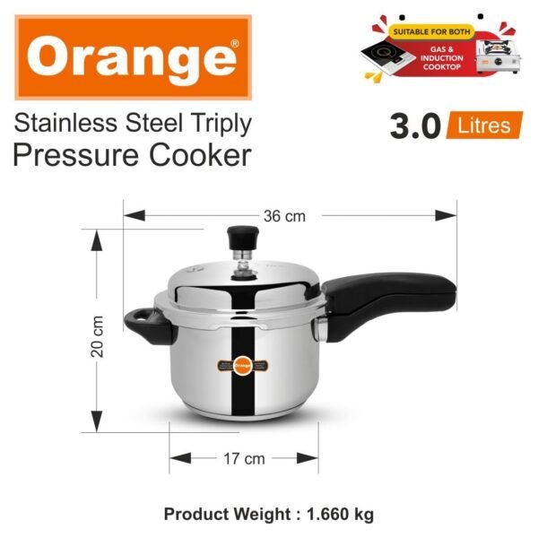 Orange Triply Stainless Steel Outer Lid Pressure Cooker 3L | Induction Friendly | Heavy Bottom | 2.5mm Base Thickness | 5 Year Warranty | Serves 3-4 People