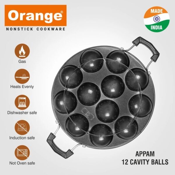 Orange Aluminium Die-Cast Series 12 Cavity Grill Appam Patra | Paniyarakkal | Appe Patra with Glass Lid - Image 3