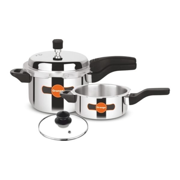 Orange Triply Stainless Steel Outer Lid Pressure Cooker 5L & 3.5L | Combo / Combi Set | Induction Friendly | Heavy Bottom | 2.5mm Base Thickness | 5 Year Warranty | With Glass Lid | Serves 2-6 People