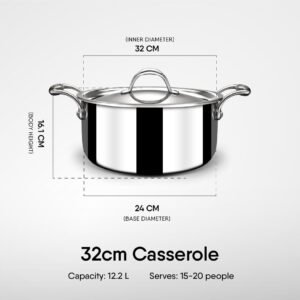 Stahl Artisan Triply Stainless Steel Casserole with Lid, 12.2L, 32cm | Gas & Induction Cooktop Compatible | Cook & Serve Kadai | Serves 15-20 People
