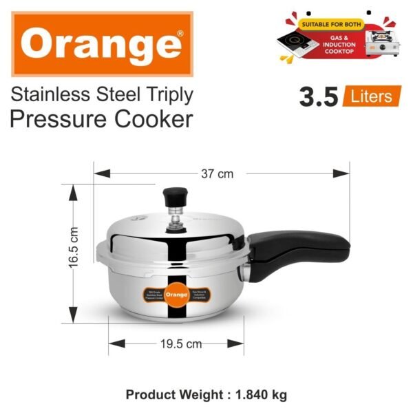 Orange Triply Stainless Steel Outer Lid Pressure Cooker 5L & 3.5L | Combo / Combi Set | Induction Friendly | Heavy Bottom | 2.5mm Base Thickness | 5 Year Warranty | With Glass Lid | Serves 2-6 People - Image 3