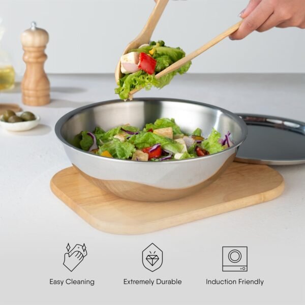 Stahl Artisan Triply Stainless Steel Tasla with Lid 22cm, 2.0L | Kadhai Without Handles | Gas & Induction Cooktop Compatible | Cook & Serve Kadai | Serves 4-5 People - Image 2