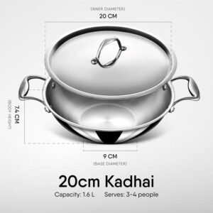 Stahl Artisan Triply Stainless Steel Kadhai With Lid & Handles, 1.6L, 20cm| Gas & Induction Cooktop Compatible | Cook & Serve Kadai | Serves 3-4 People