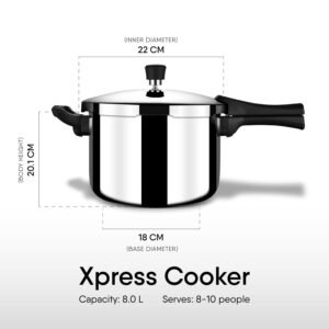 Stahl Xpress Triply Stainless Steel Outer Lid Pressure Cooker- 8L | Gas & Induction Cooktops Compatible | Serves 8-10 People