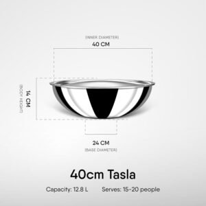 Stahl Artisan Triply Stainless Steel Tasla with Lid 40cm, 12.8L | Kadhai Without Handles| Gas & Induction Cooktop Compatible | Cook & Serve Kadai | Serves 15-20 People