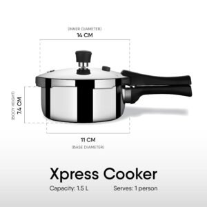 Stahl Xpress Triply Stainless Steel Pressure Cooker- 1.5L | Outer Lid | Gas & Induction Cooktops Compatible | Serves 1-2 People