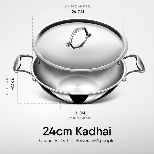 Stahl Artisan Triply Stainless Steel Kadhai With Lid & Handles | 2.4L, 24cm | Gas & Induction Cooktop Compatible | Cook & Serve Kadai | Serves 5-6 People