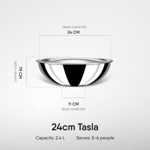 Stahl Artisan Triply Stainless Steel Tasla with Lid 24cm, 2.4L | Kadhai Without Handles | Gas & Induction Cooktop Compatible | Cook & Serve Kadai | Serves 5-6 People