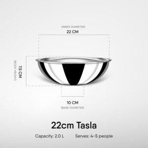 Stahl Artisan Triply Stainless Steel Tasla with Lid 22cm, 2.0L | Kadhai Without Handles | Gas & Induction Cooktop Compatible | Cook & Serve Kadai | Serves 4-5 People