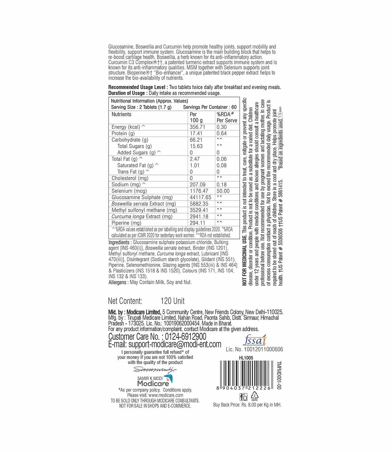 Modicare Well Glucosamine With Boswellia & Curcumin | 120 Units - Image 2