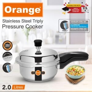 Orange Triply Stainless Steel Pressure Cooker 2L | Strong & Sturdy Handle | 2.5mm Heavy Bottom | Induction & Gas Compatible | Silver Finish | 5 Year Warranty