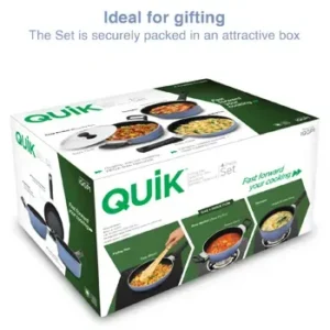 Hawkins Futura Quik Nonstick Induction 4 Piece Cookware Set of Deep Kadhai, Frying Pan, Saucepan and Stainless Steel Lid | Kitchen Gift Pack| (IQGP1)